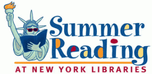 Summer Reading at New York Libraries logo depicting Statue of Liberty wearing sunglasses and reading from a book