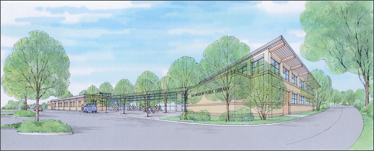 Artist's rendering of transformed library entry and new addition. View from the parking area.