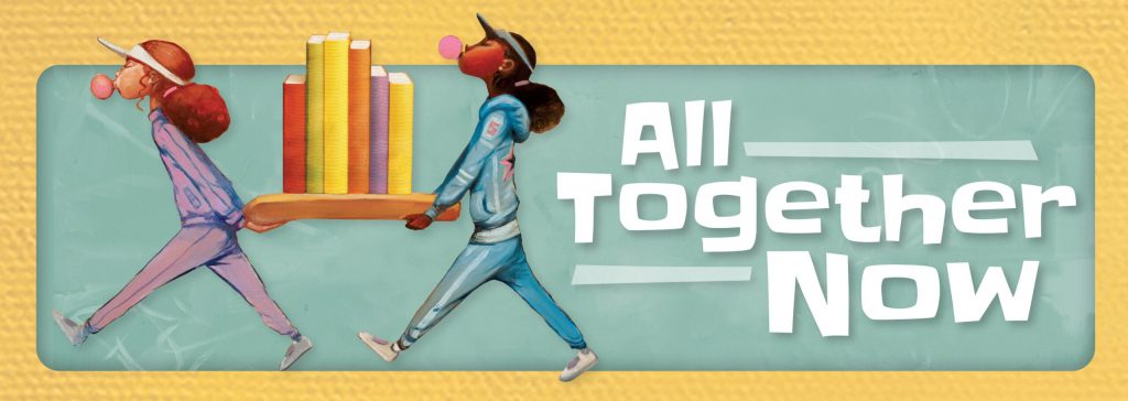 Logo for 2023 Summer Reading program - All Together Now. Links to online program signup for children.