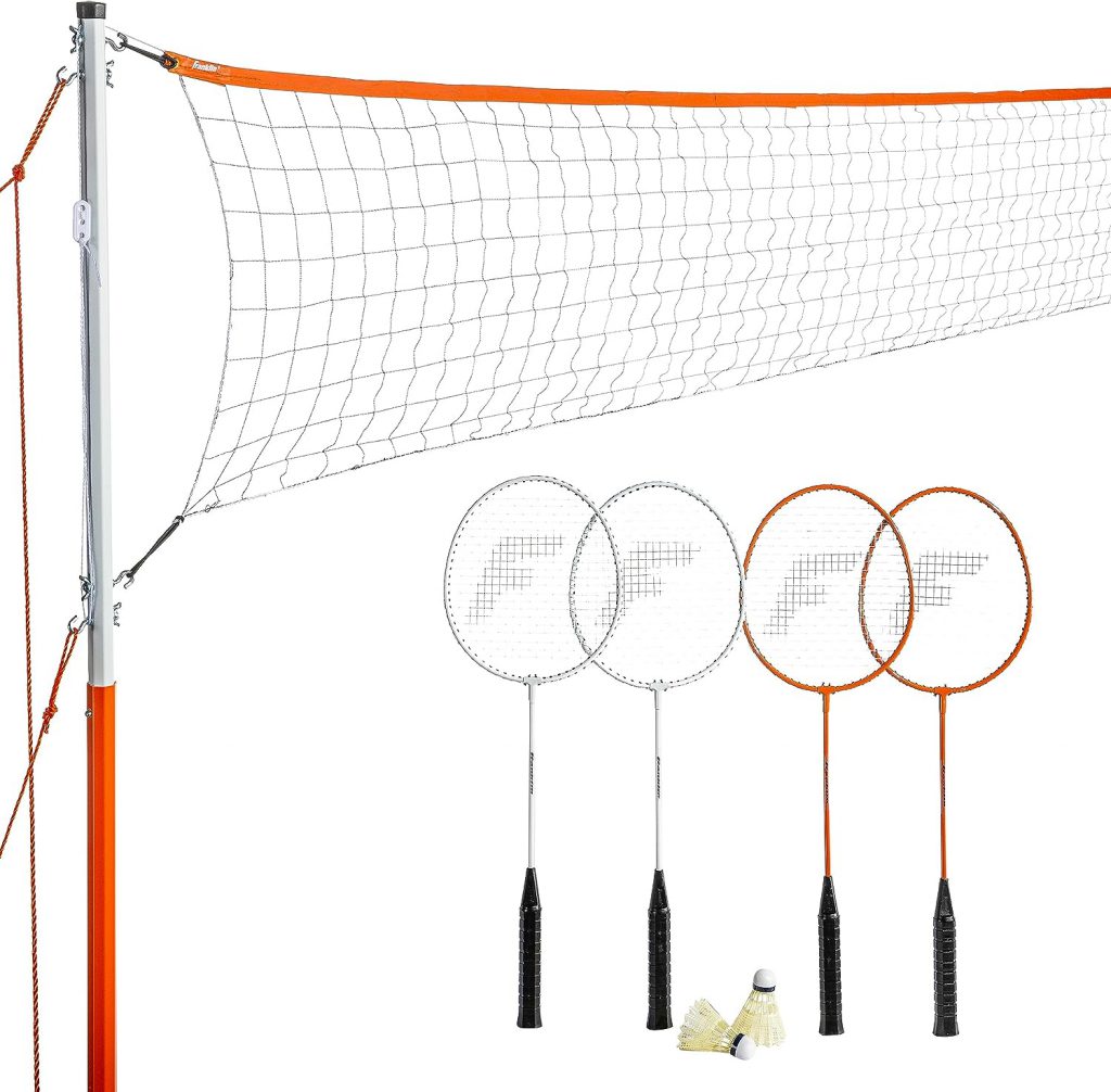 Image of a badminton set including four badminton rackets, two birdies, and a partial image of a net and supports.