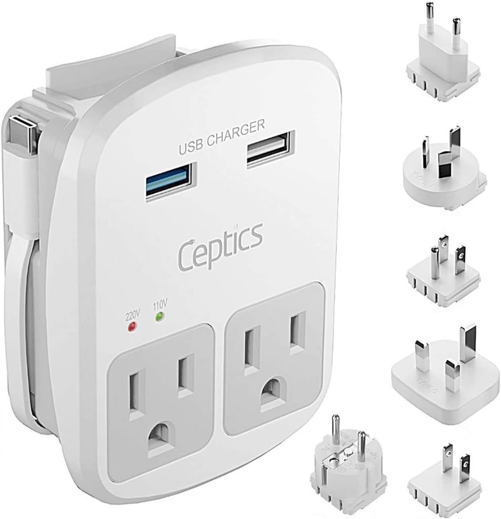 Image of the Ceptics world travel adapted kit which included the main unit with two standard U.S. outlets, two USB outlets and a micro USB cable. Also pictured in the image are the various adapter types included in the kit.
