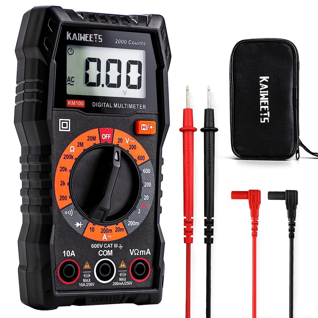 Image of a Kaiweets KM100 Digital Multimeter, red and black probes and storage case.