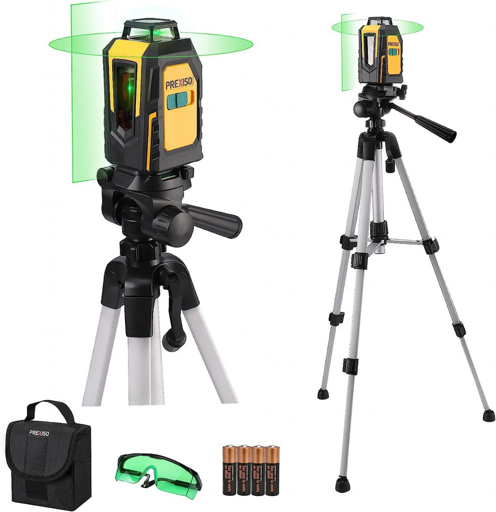 Prexiso Cross Line Laser Level image. Also pictured in the image is a tripod, carrying case, safety glasses and batteries.