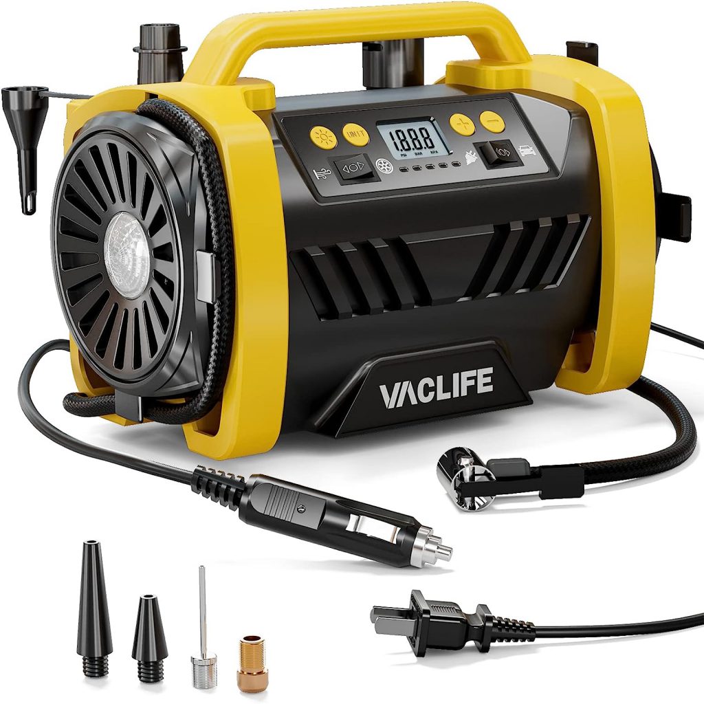 Image of a VacLife Tire Inflator along with four attachments for the tire inflator.