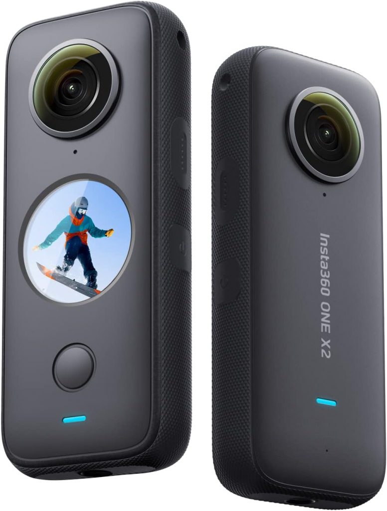 Image of the front and back of the Insta360 One X2 camera. The rear of the camera features a small round screen with an image of a snowboarder.