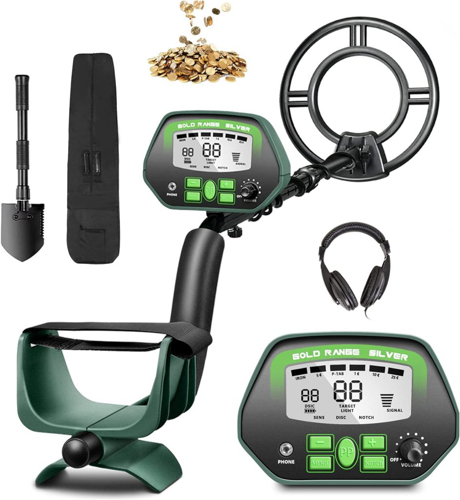 Image of a green metal detector with a collapsible shovel and case. Close up of metal detector screen. Image of gold coins and headphones also.