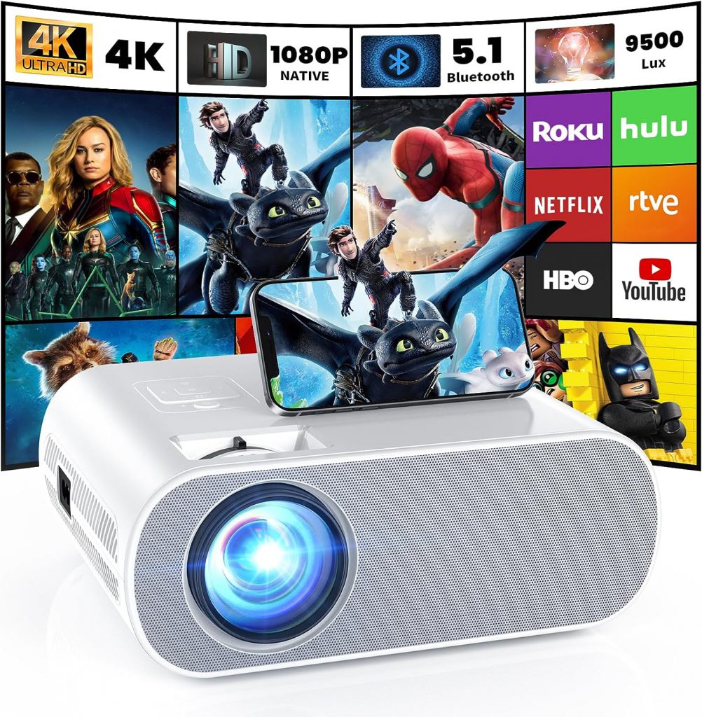 Image of a projector with a background of numerous streaming apps and popular movie images.