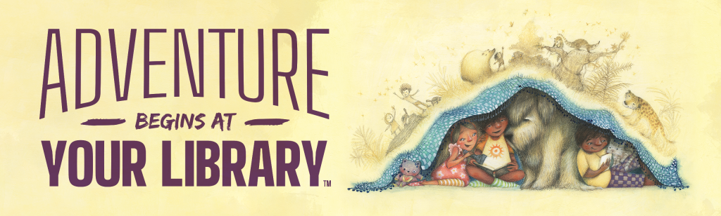 Logo for 2024 Summer Reading program - Adventure Begins at Your Library. Links to online program signup for children.