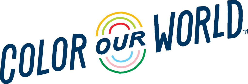 Logo for the 2025 summer reading program. Blue text on a white background with reads "Color Our World"